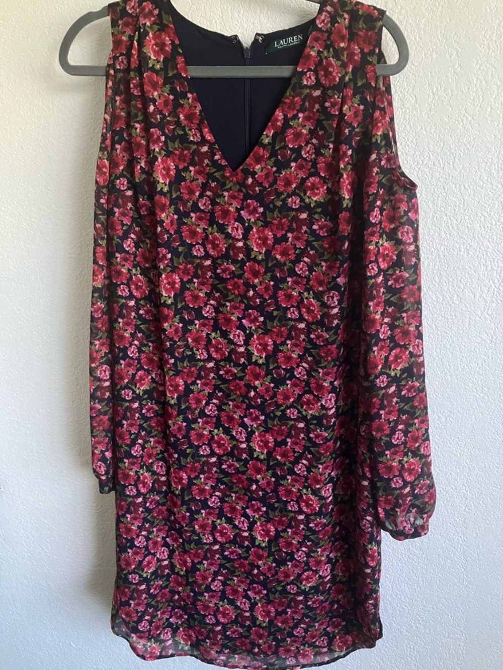 Ralph Lauren Navy Dress with Pink Floral Print and V-Neckline